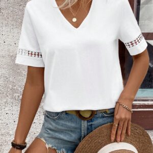 Balvessa Women V-Neck Hollow Out Short Sleeve Casual T-Shirt