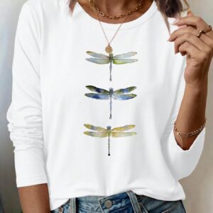 Women Colorful Dragonfly Animal Print Casual Fashion Crew Neck Long Sleeve T-Shirt Fall Cloth For Women