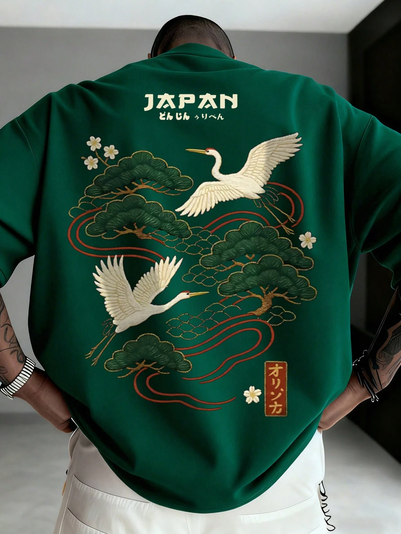 Zrgoth Men's Casual Versatile Minimalist Japanese Crane Print Short Sleeve T-Shirt