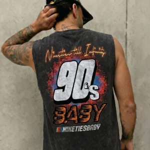 FRACTYR Men's Summer Casual Street Fashion "90s BABY" Racing Print Washed Tank Top | Must-Have Retro Street Style Item