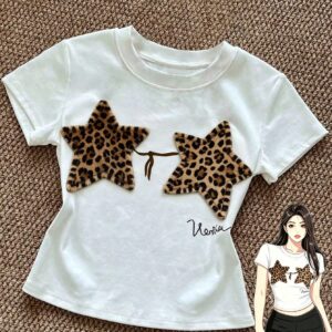 Attitoon Women's Leopard Print Star Patchwork Round Neck Pullover Short Sleeve T-Shirt